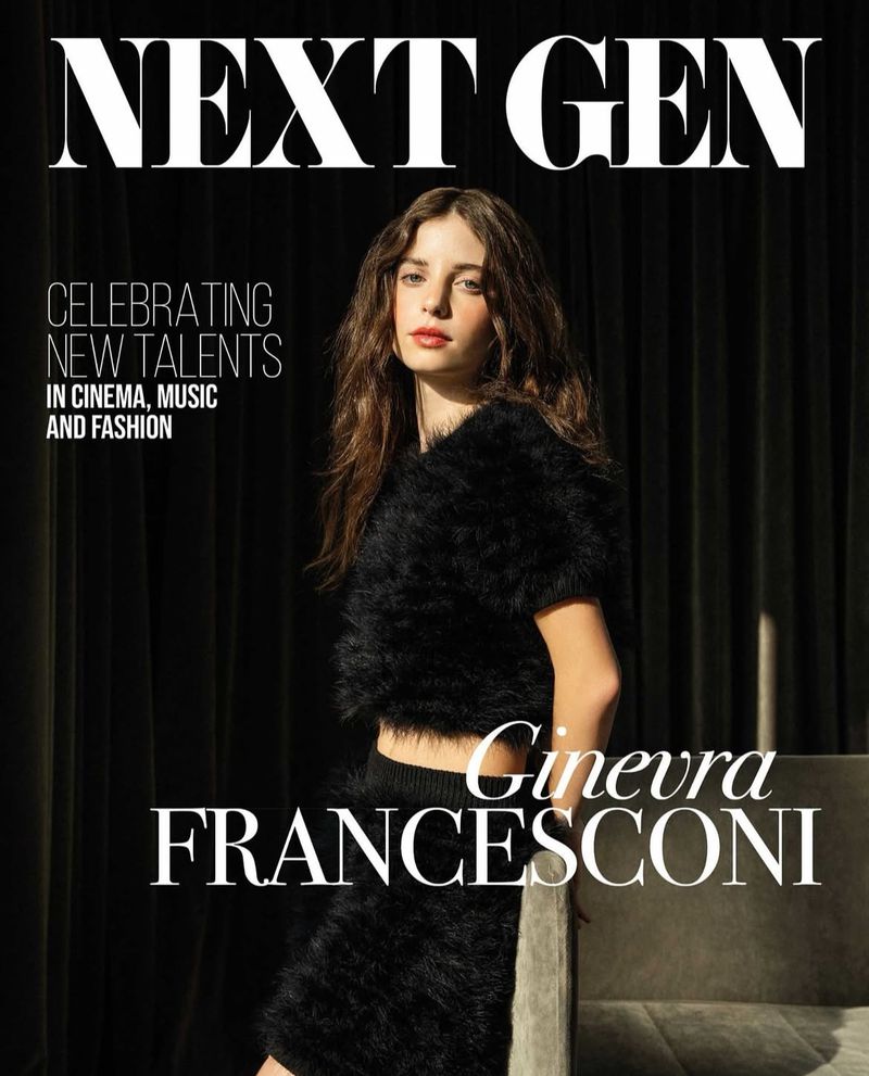 Magazine cover featuring a woman in a black fuzzy outfit, with 'NEXT GEN' and Ginevra Francesconi in bold text against a dark backdrop.