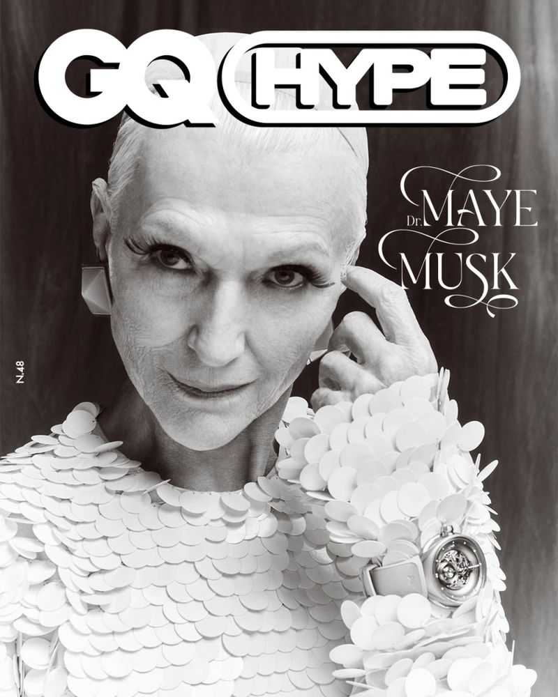 Black and white fashion magazine cover featuring Dr. Maye Musk, with 'GQ Hype' displayed prominently, highlighting her distinctive look.