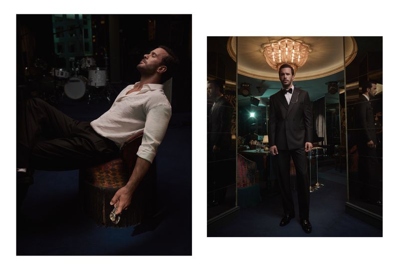 Two images showcase a handsome adult male in elegant attire, in what appears to be indoor fashion editorial photoshoot.