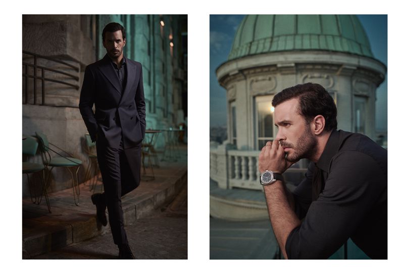 A fashion-style composite image shows a male model in a suit on a city street and a close-up of a man in a dress shirt in front of a domed building.