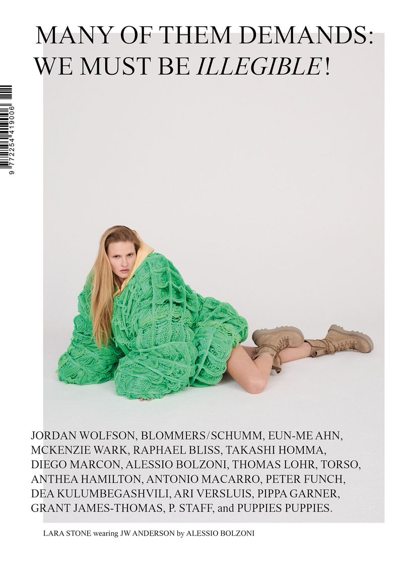 Fashion editorial shot of a woman in a green knitted coat and brown boots posing in a white studio setting with bold text overlay.