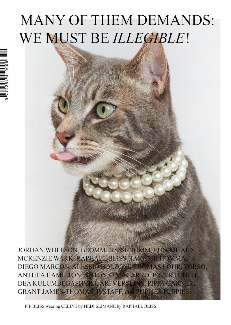 Gray tabby cat with its tongue out, wearing pearl necklaces against a white background, magazine cover aesthetic with text overlays.