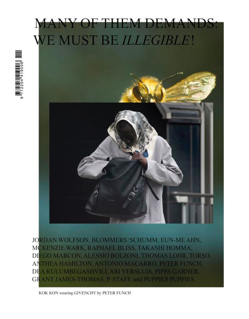 Fashion editorial shot featuring an individual in a light-grey jacket and headscarf reaching into a black backpack, with a bee overhead.