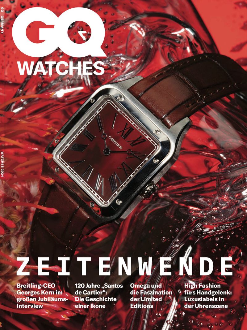 Magazine cover featuring a luxury watch with a brown leather band on a red background with the GQ Watches logo and "Zeitenwende" text.
