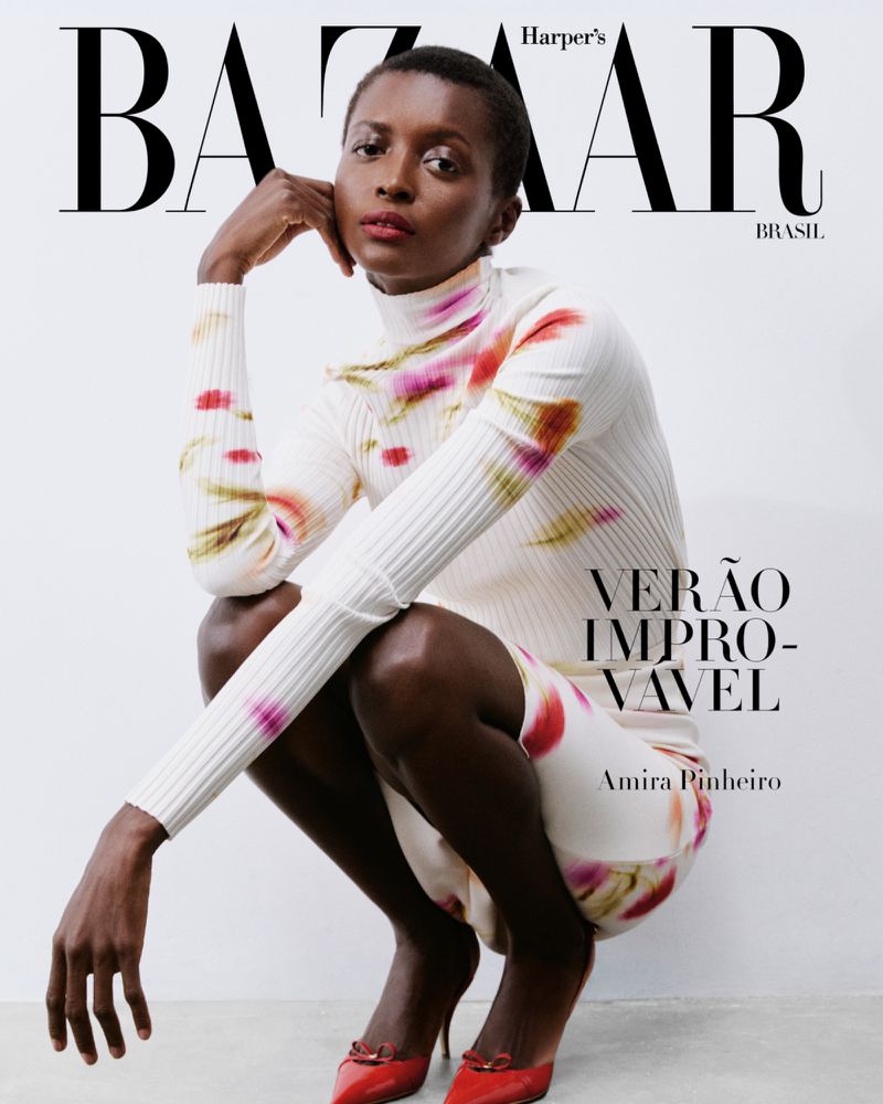 Harper's Bazaar Brasil cover featuring a dark-skinned woman in a printed top and skirt, squatting with hand to her face.