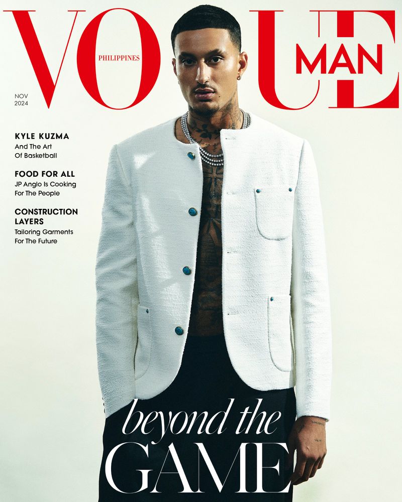 Vogue Philippines cover featuring Kyle Kuzma in a white jacket, set against a clean backdrop with magazine text overlays.