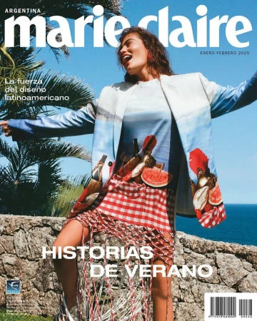 Marie Claire magazine cover featuring a model in a patterned blazer, dress, and sneakers outdoors with ocean and palm trees.
