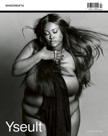 Monochrome close-up of an adult woman with long hair, draped in fabric on a grey background for a Shadoways magazine cover.