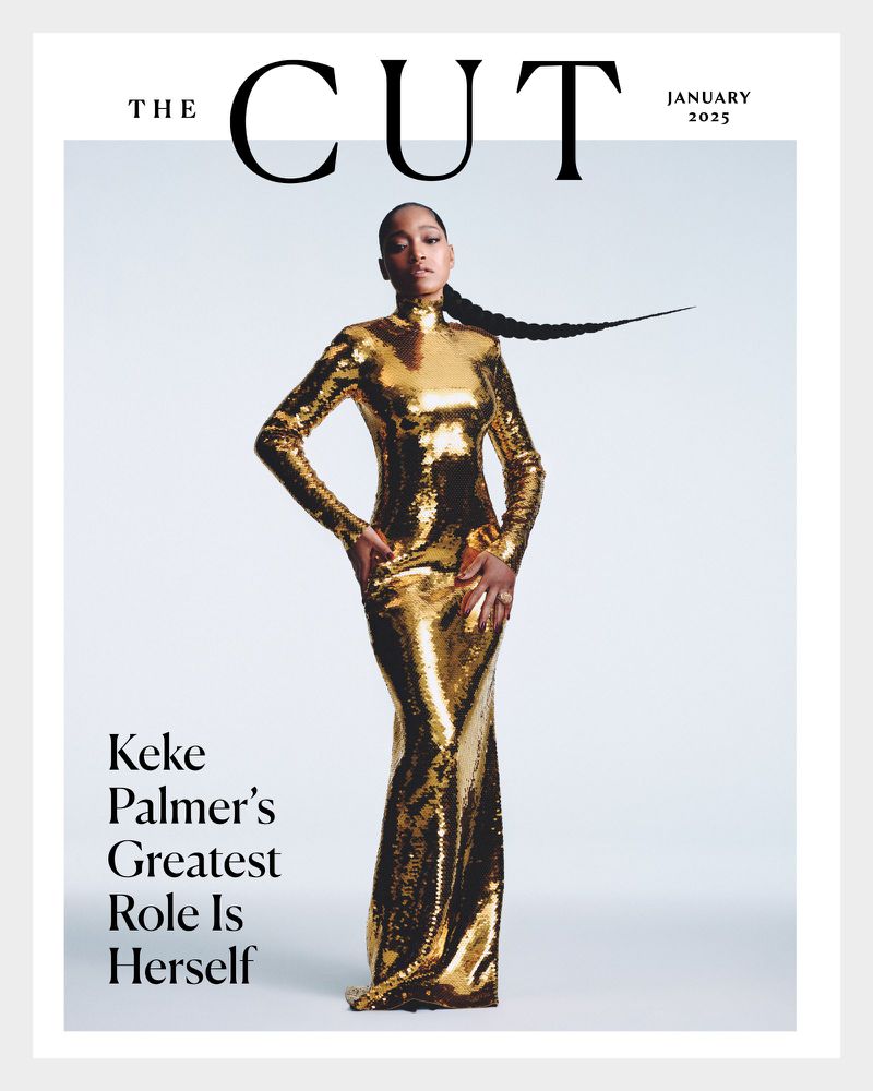 Keke Palmer on 'The Cut' magazine cover, January 2025, wearing long-sleeved gold sequin gown against a gradient white-to-light-blue background.
