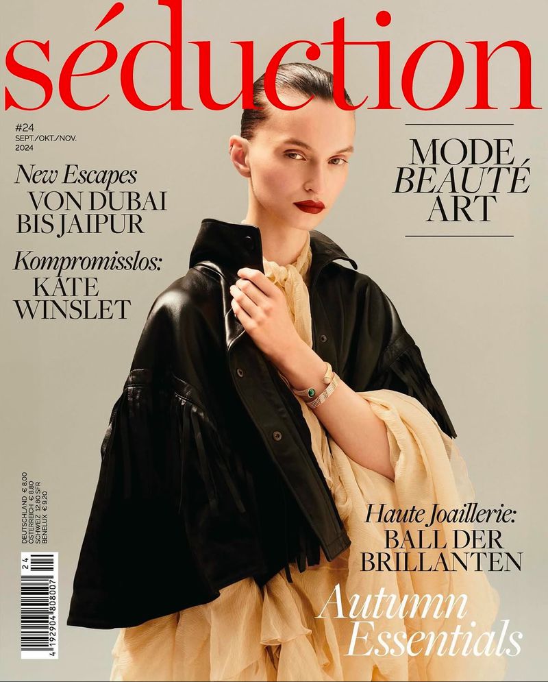 Magazine cover featuring a female model in a black leather jacket and beige dress. The magazine is titled 'Séduction' with 'Autumn Essentials'.