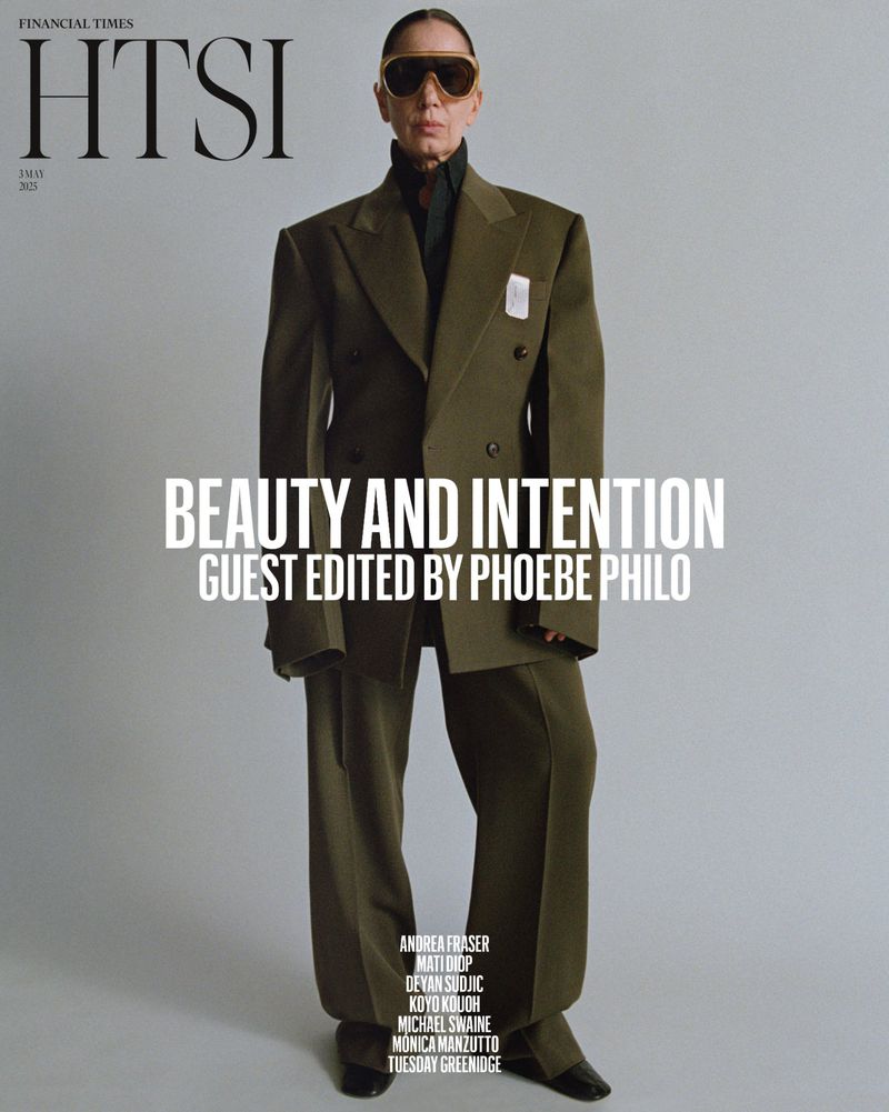 Magazine cover featuring a person in a tailored suit and sunglasses, with the masthead 'Financial Times' and text 'Beauty and Intention'.