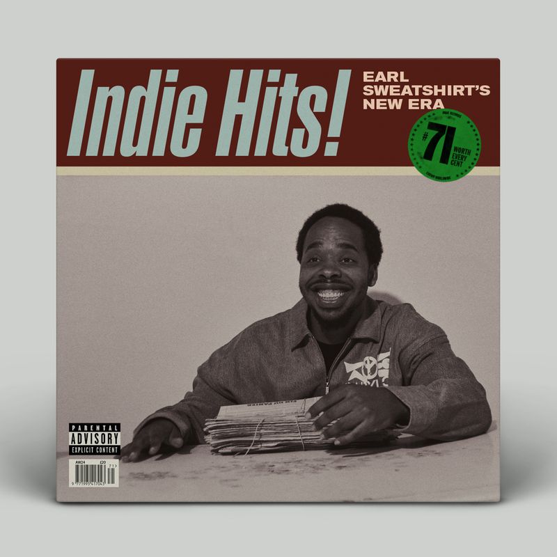 Album cover for Earl Sweatshirt's 'Indie Hits!' featuring the artist smiling behind a stack of newspapers tied with string.
