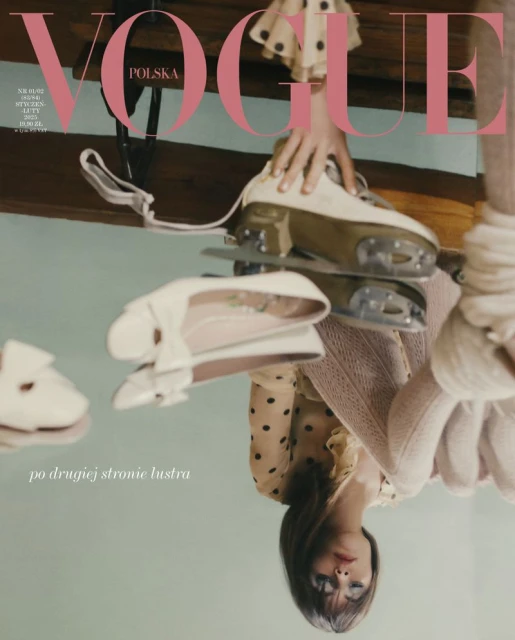 Fashion editorial showcasing Vogue Polska cover with model, ice skates, and ballet flats in a mirrored, light pink and neutral color palette.