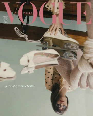 Fashion editorial showcasing Vogue Polska cover with model, ice skates, and ballet flats in a mirrored, light pink and neutral color palette.