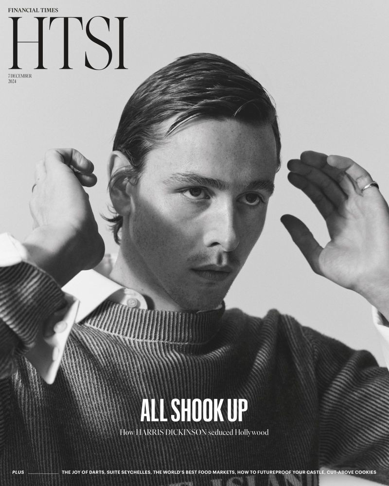 Black and white portrait of a young adult male on the cover of the Financial Times HTSI, wearing a sweater with text overlay.