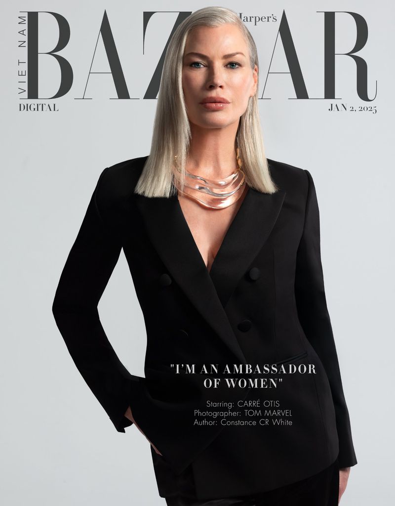 Magazine cover featuring Carre Otis in a black blazer and statement necklace, with BAZAAR masthead and date January 2, 2025.