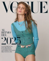 Model Maria Klaumann wearing a green tweed romper over a blue sweater for Vogue Mexico cover