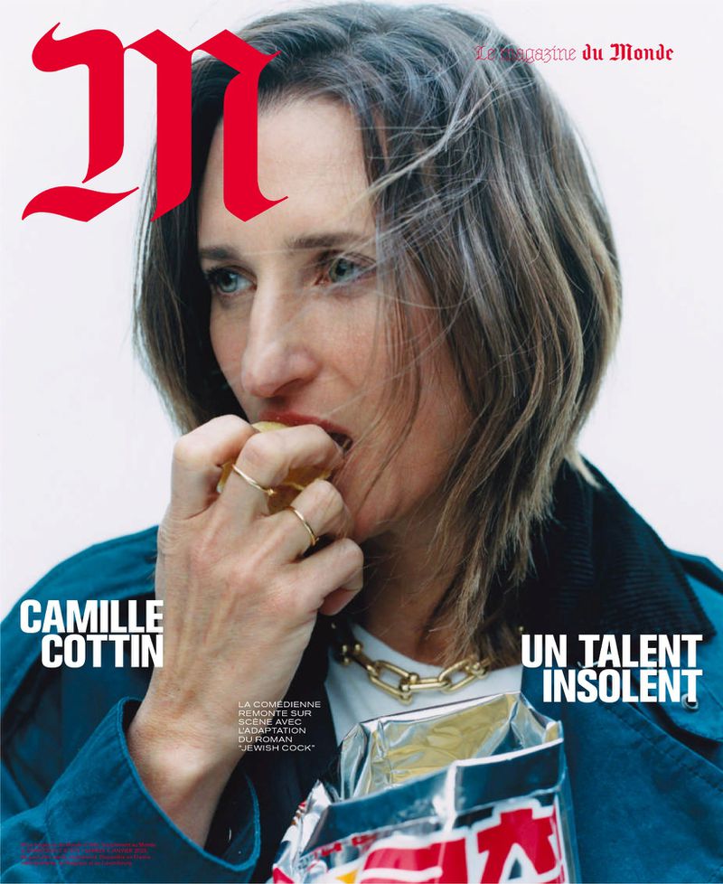 Magazine cover featuring Camille Cottin eating, adorned with 'M Le Magazine du Monde' and headlines 'Camille Cottin' and 'Un Talent Insolent'.