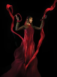 Model Iman wearing a flowing red gown holding billowing red fabric ribbons against a solid black background.