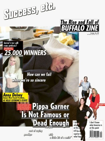 Magazine cover featuring an elderly woman, celebrity images, and bold headlines, blending fashion, entertainment, and cultural commentary.