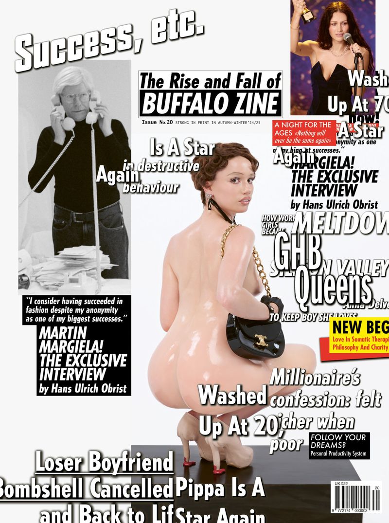 Magazine cover art featuring a nude woman with fashion elements amidst various headlines and images in a collage style.