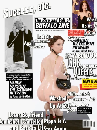 Magazine cover art featuring a nude woman with fashion elements amidst various headlines and images in a collage style.