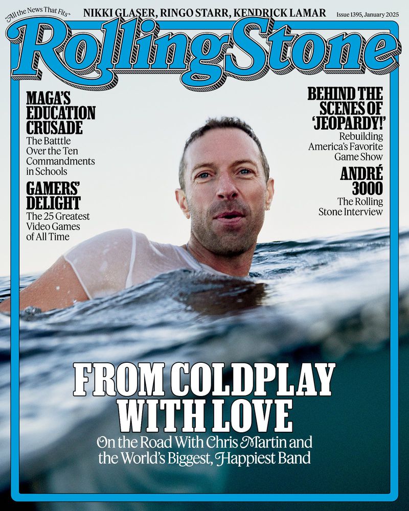 Rolling Stone magazine cover featuring Chris Martin in water. Issue 1996, January 2025. Text includes “From Coldplay With Love.”
