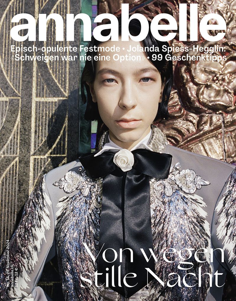 Annabelle magazine cover featuring a woman in a silver embellished jacket and black bow, set against a decorative art deco background.