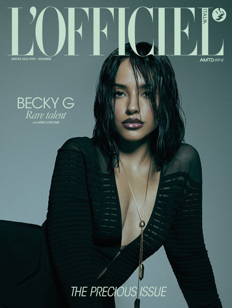 Magazine cover featuring a portrait of Becky G with wet hair, wearing a black dress and gold necklace, against a muted grey backdrop.