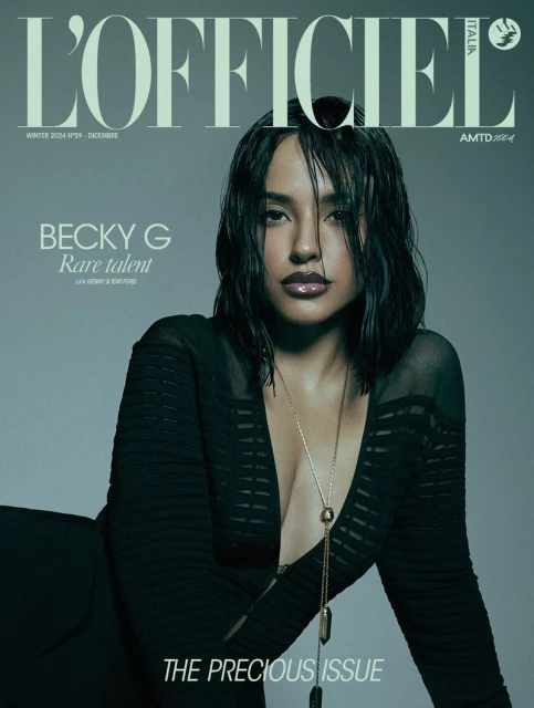 Magazine cover featuring a portrait of Becky G with wet hair, wearing a black dress and gold necklace, against a muted grey backdrop.