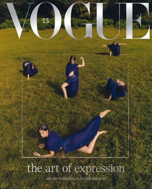 Vogue cover features a woman in a blue dress replicated five times within a square on a grassy field, presenting an artful fashion editorial.