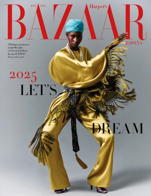 Magazine cover of Harper's Bazaar Espana, January 2025, featuring a Black fashion model in a yellow satin outfit and blue turban.