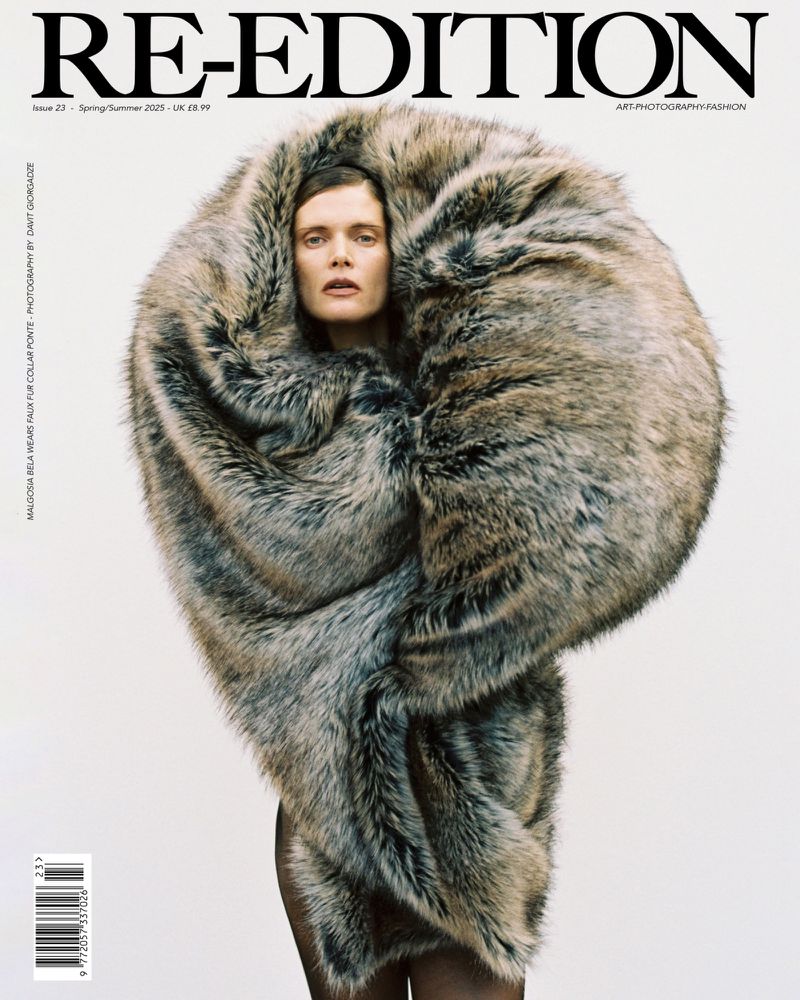 Model Malgosia Bela wearing voluminous faux fur in a portrait for Re Edition Magazine #23 S/S 2025 covers by Davit Giorgadze