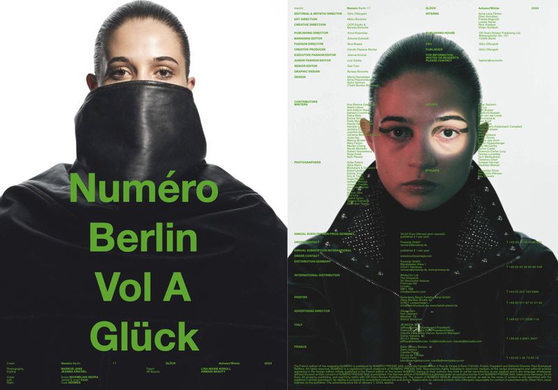 Magazine cover featuring a person with bold eye makeup and a black high-necked garment against a dual background with green text.