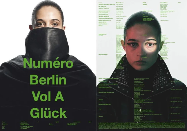 Magazine cover featuring a person with bold eye makeup and a black high-necked garment against a dual background with green text.