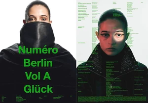 Close-up portrait of a model with slicked-back dark hair and graphic eyeliner against a white background with green typographic overlay.