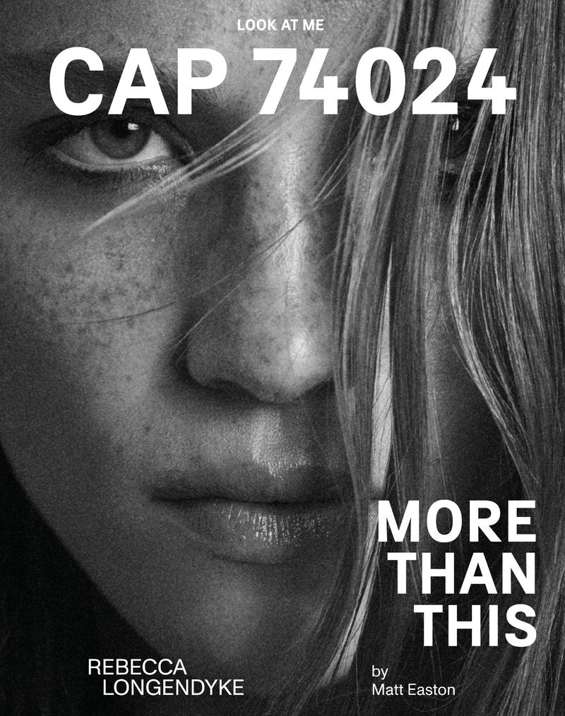 Black and white portrait of a woman with freckles and wavy hair, featured on the cover of 'CAP 74024' magazine. Close-up shot of model.
