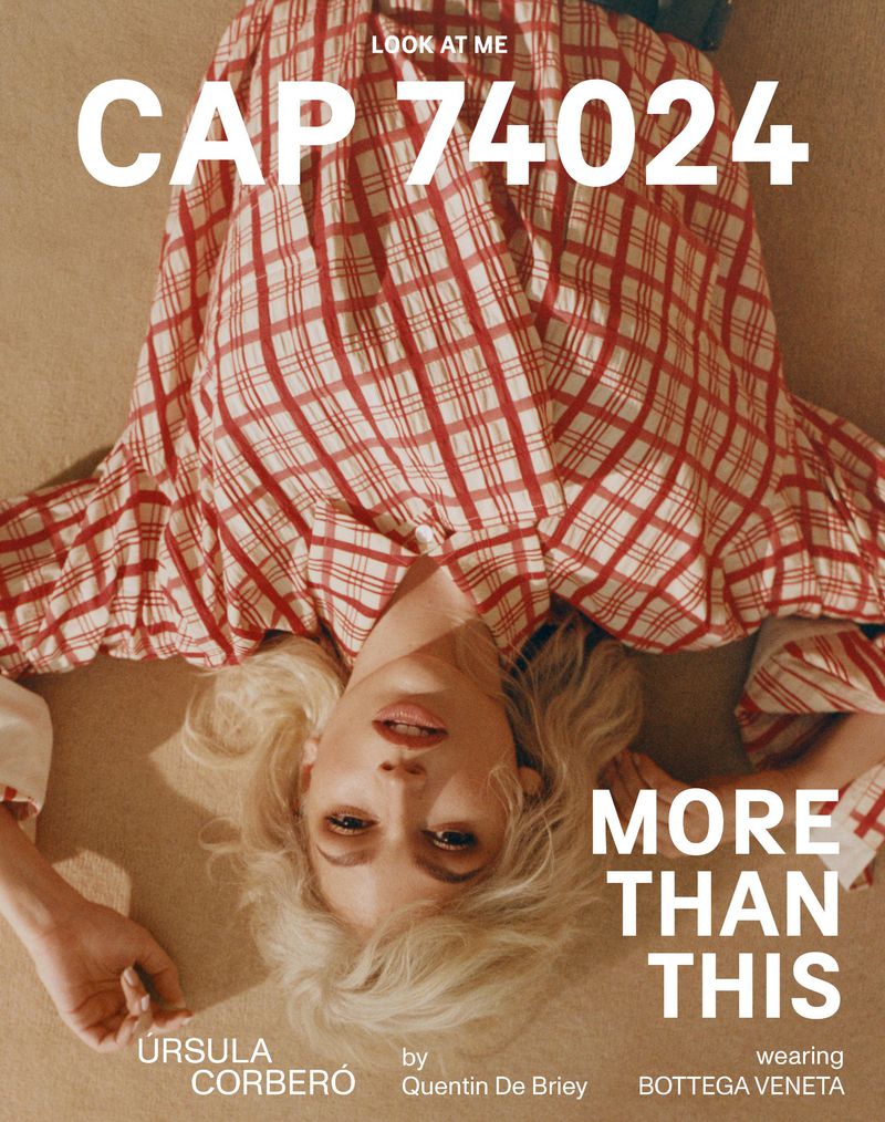 Fashion editorial featuring a woman lying down wearing a red and white plaid top. Text includes brand and magazine titles.