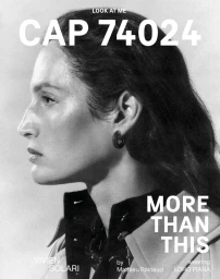 Black and white profile portrait of model Vivien Solari wearing a collared coat for the CAP 74024 magazine cover.
