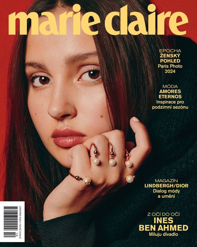 Marie Claire magazine cover featuring a portrait of Ines Ben Ahmed wearing jewelry, with a red background and magazine text.