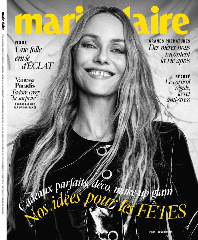 Marie Claire magazine cover features Vanessa Paradis, portrait of her smiling with shoulder-length blonde hair and black jacket.