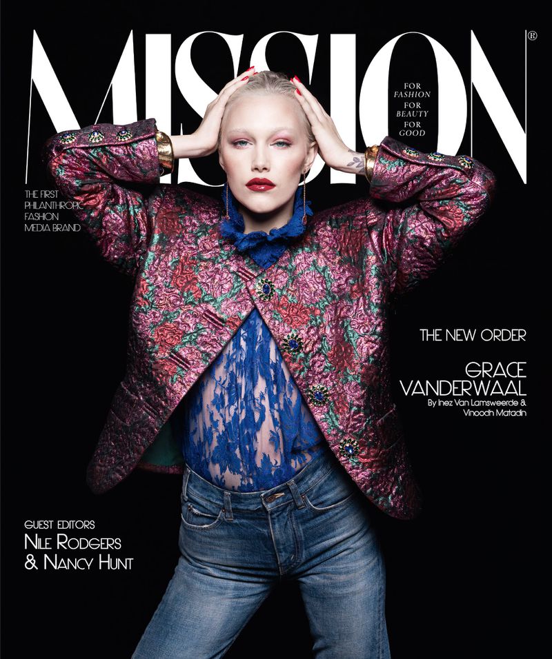 Mission magazine cover featuring Grace VanderWaal in jeans, blue lace top, and floral jacket with hands on head against black background.