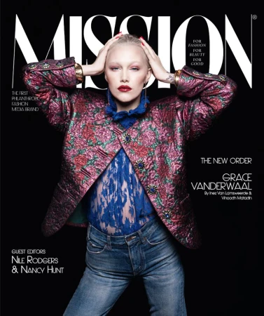 Mission magazine cover featuring Grace VanderWaal in jeans, blue lace top, and floral jacket with hands on head against black background.