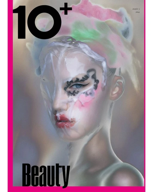 Close-up of a model's face with artistic makeup in a beauty editorial for 10+ magazine, showcasing avant-garde cosmetic design.