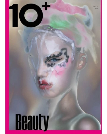 Close-up of a model's face with artistic makeup in a beauty editorial for 10+ magazine, showcasing avant-garde cosmetic design.