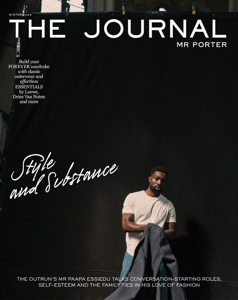 Magazine cover featuring a Black male model in a casual outfit with a jacket, against a dark background and bold typography.