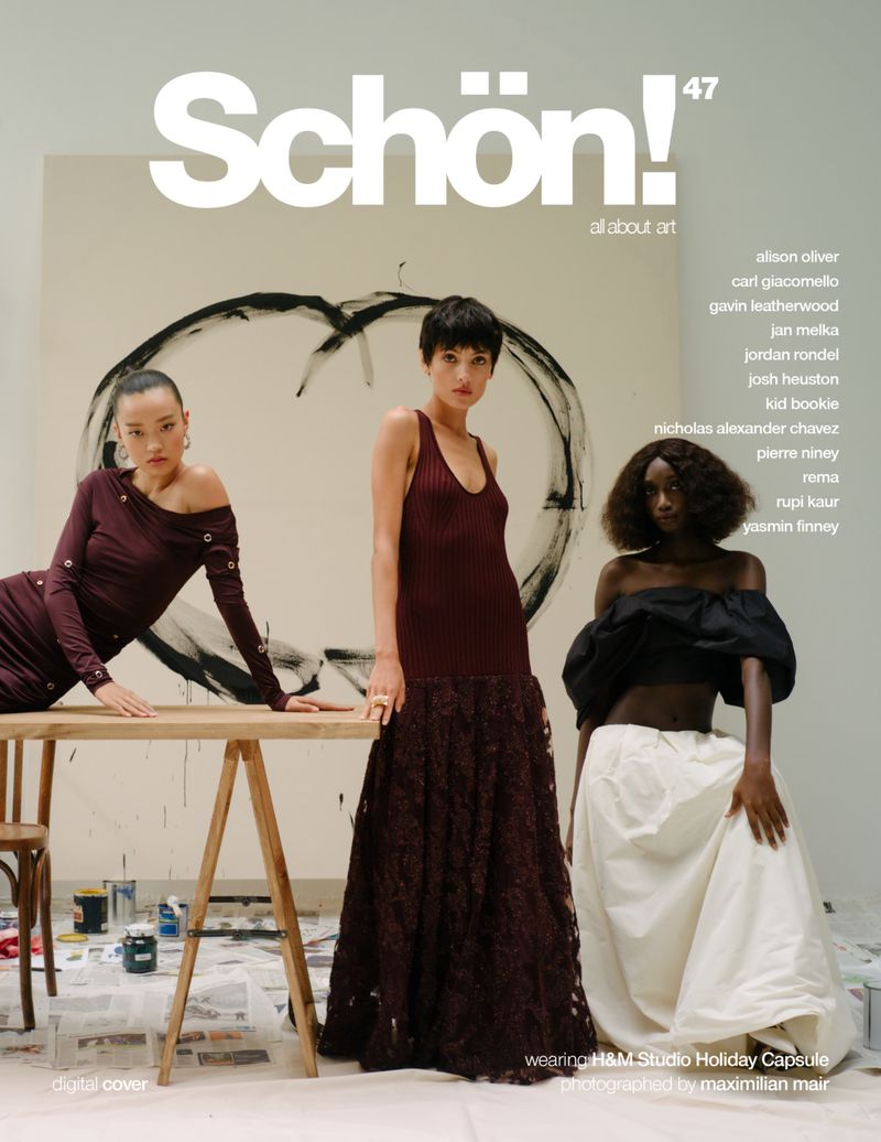 Schön! magazine cover featuring three fashion models wearing H&M Studio Holiday Capsule collection, posed in an art studio setting with painting.