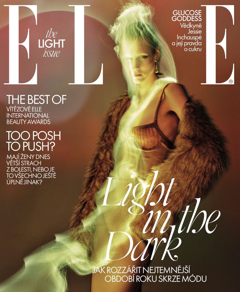 Elle magazine cover featuring a light-streaked female model wearing a brown fur coat and bra, with text including 'Light in the Dark'.