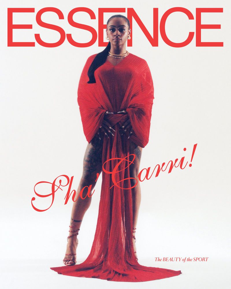 Essence magazine cover featuring Sha'Carri Richardson in a red dress. The image has a clean aesthetic, with the brand logo prominently displayed.