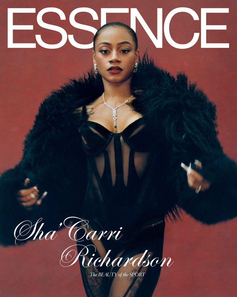 Essence magazine cover featuring Sha'Carri Richardson, an adult female in a black outfit, statement jewelry, and a dark furry jacket.